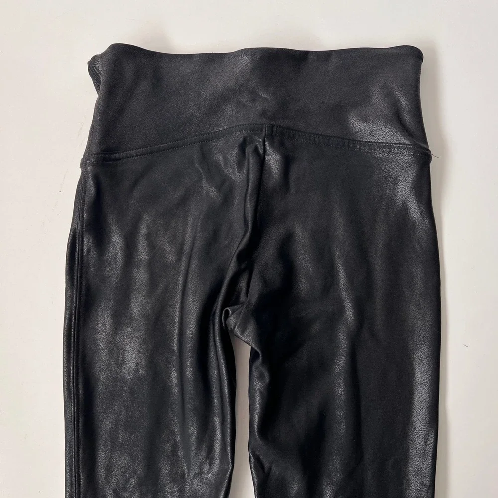 Spanx Faux Leather Leggings‎ Size Small Black Compression Shimmery Sleek Edgy